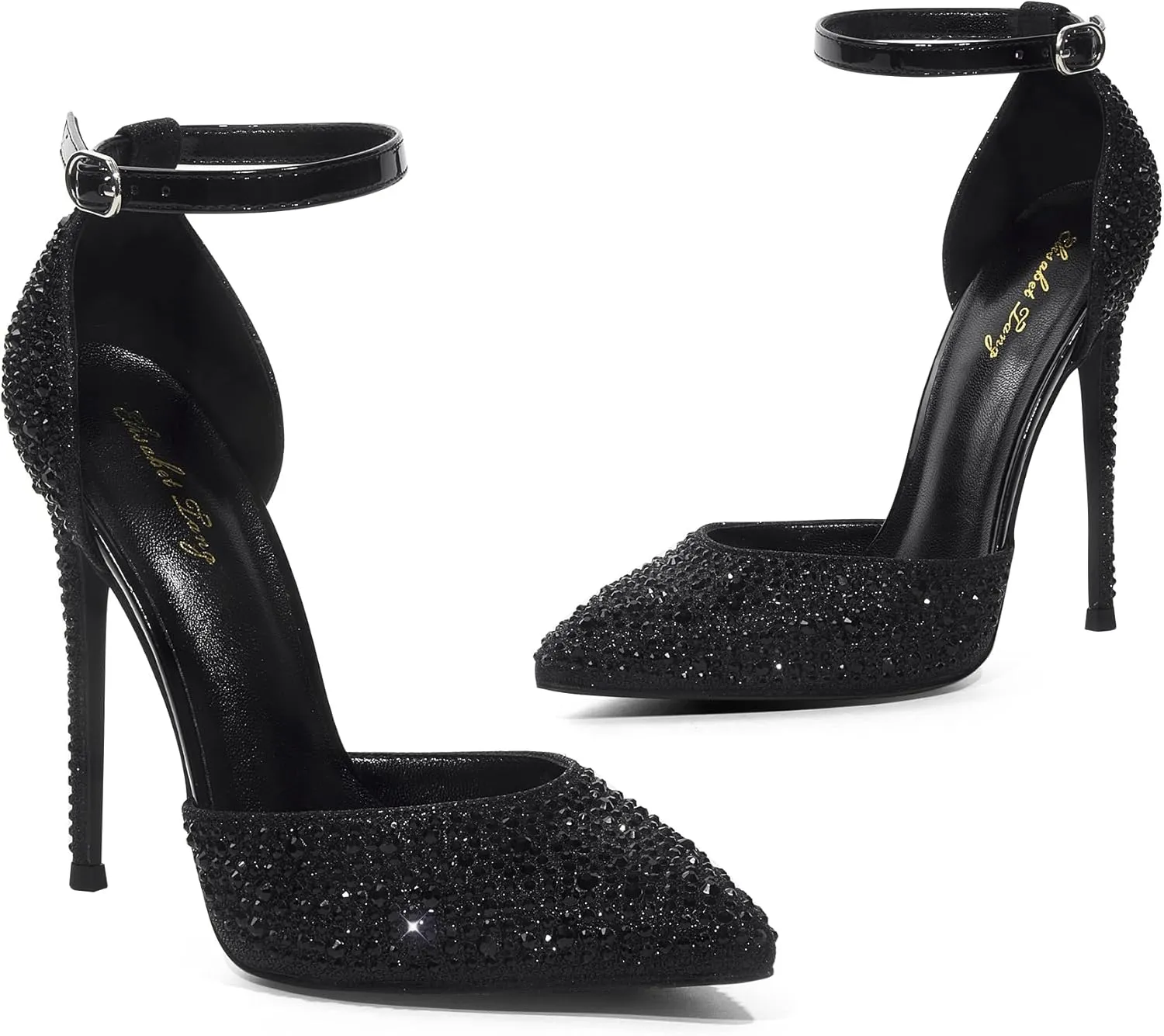 Elisabet Tang High Heels, Women Pumps D'Orsay Ankle Strap Pointed Toe Stiletto Heels Rhinestone Party Wedding Shoes