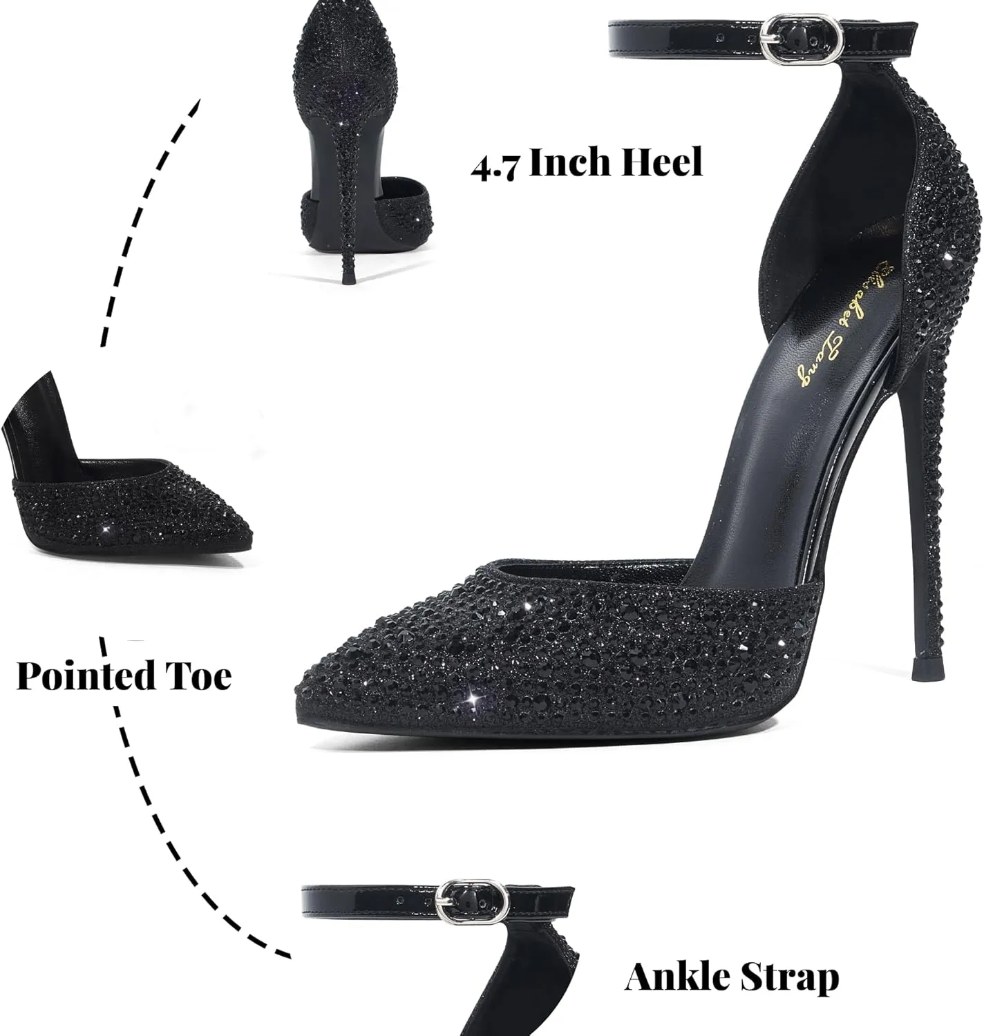 Elisabet Tang High Heels, Women Pumps D'Orsay Ankle Strap Pointed Toe Stiletto Heels Rhinestone Party Wedding Shoes