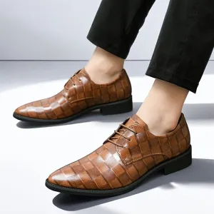 [Event Ready] Men's Formal Dress Shoes, Pointed Toe Lace-Up Oxfords with Glossy Brown Faux Upper and Black PU Sole - Ideal for Business, Banquets, and Weddings, Business Footwear | Pointed Toe Oxford | Polished Synthetic Uppe