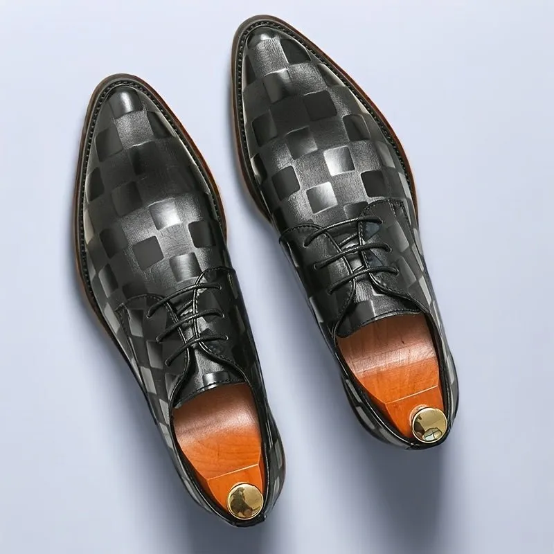 [Event Ready] Men's Formal Dress Shoes, Pointed Toe Lace-Up Oxfords with Glossy Brown Faux Upper and Black PU Sole - Ideal for Business, Banquets, and Weddings, Business Footwear | Pointed Toe Oxford | Polished Synthetic Uppe