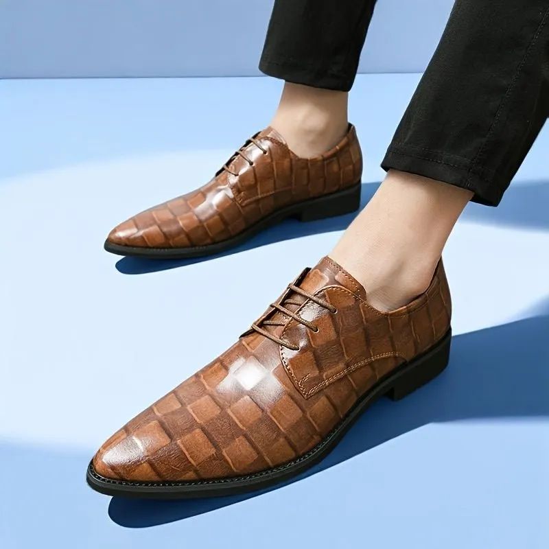 [Event Ready] Men's Formal Dress Shoes, Pointed Toe Lace-Up Oxfords with Glossy Brown Faux Upper and Black PU Sole - Ideal for Business, Banquets, and Weddings, Business Footwear | Pointed Toe Oxford | Polished Synthetic Uppe