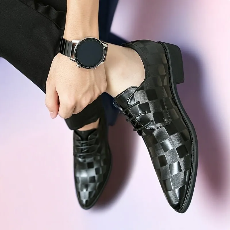 [Event Ready] Men's Formal Dress Shoes, Pointed Toe Lace-Up Oxfords with Glossy Brown Faux Upper and Black PU Sole - Ideal for Business, Banquets, and Weddings, Business Footwear | Pointed Toe Oxford | Polished Synthetic Uppe