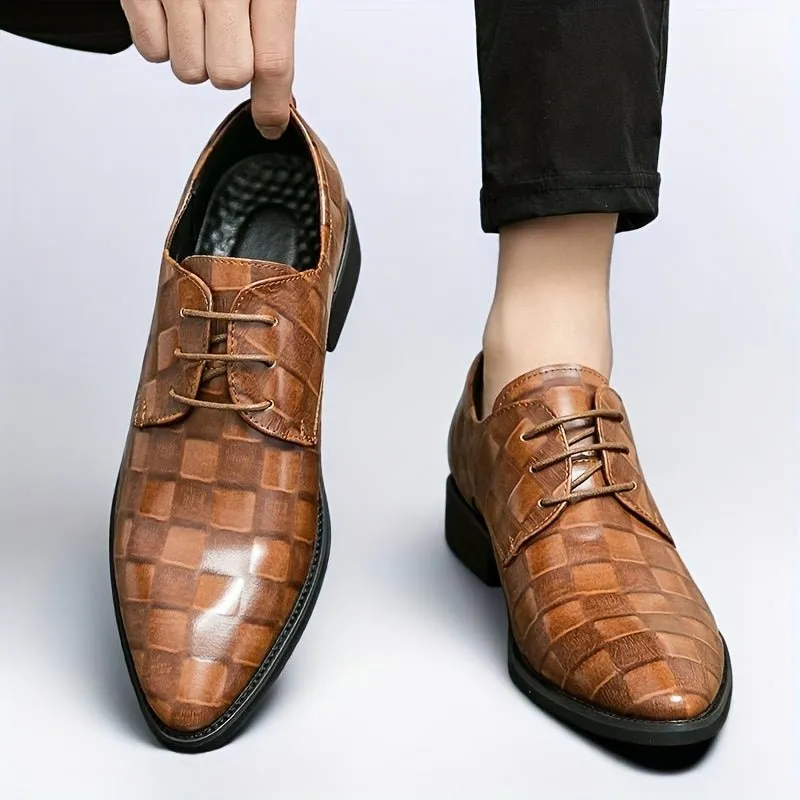 [Event Ready] Men's Formal Dress Shoes, Pointed Toe Lace-Up Oxfords with Glossy Brown Faux Upper and Black PU Sole - Ideal for Business, Banquets, and Weddings, Business Footwear | Pointed Toe Oxford | Polished Synthetic Uppe