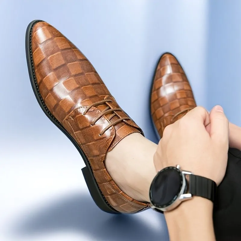 [Event Ready] Men's Formal Dress Shoes, Pointed Toe Lace-Up Oxfords with Glossy Brown Faux Upper and Black PU Sole - Ideal for Business, Banquets, and Weddings, Business Footwear | Pointed Toe Oxford | Polished Synthetic Uppe