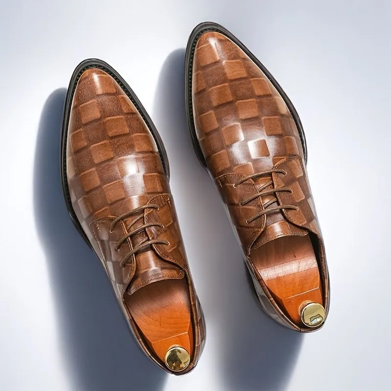 [Event Ready] Men's Formal Dress Shoes, Pointed Toe Lace-Up Oxfords with Glossy Brown Faux Upper and Black PU Sole - Ideal for Business, Banquets, and Weddings, Business Footwear | Pointed Toe Oxford | Polished Synthetic Uppe