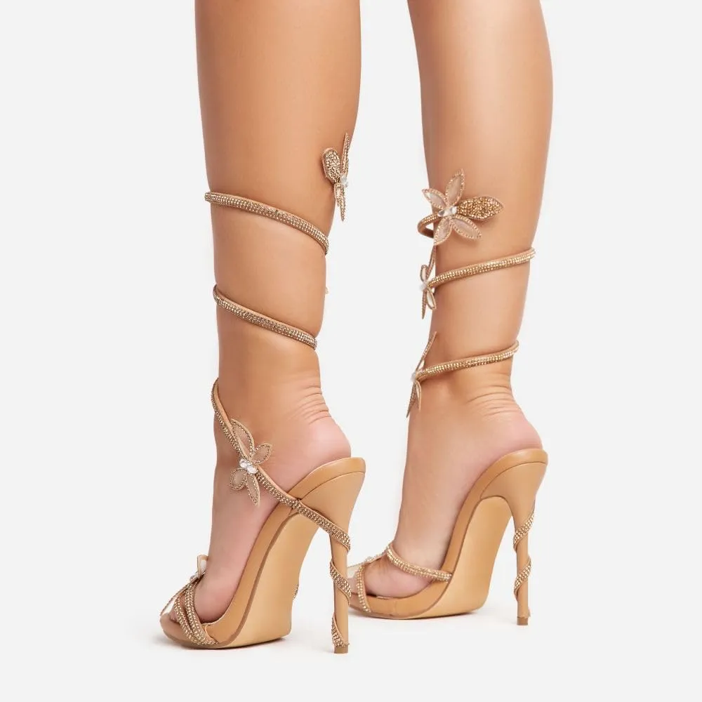 Fantasy Women's Diamante Butterfly Detail Wrap Around Strap Platform Stiletto Heel Sandal