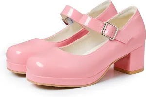 femflame Women's Low Chunky Heel Mary Jane Pumps Ankle Buckle Strap Sweet Round Toe Dress Shoes JK Cosplay Uniform Dress Shoes
