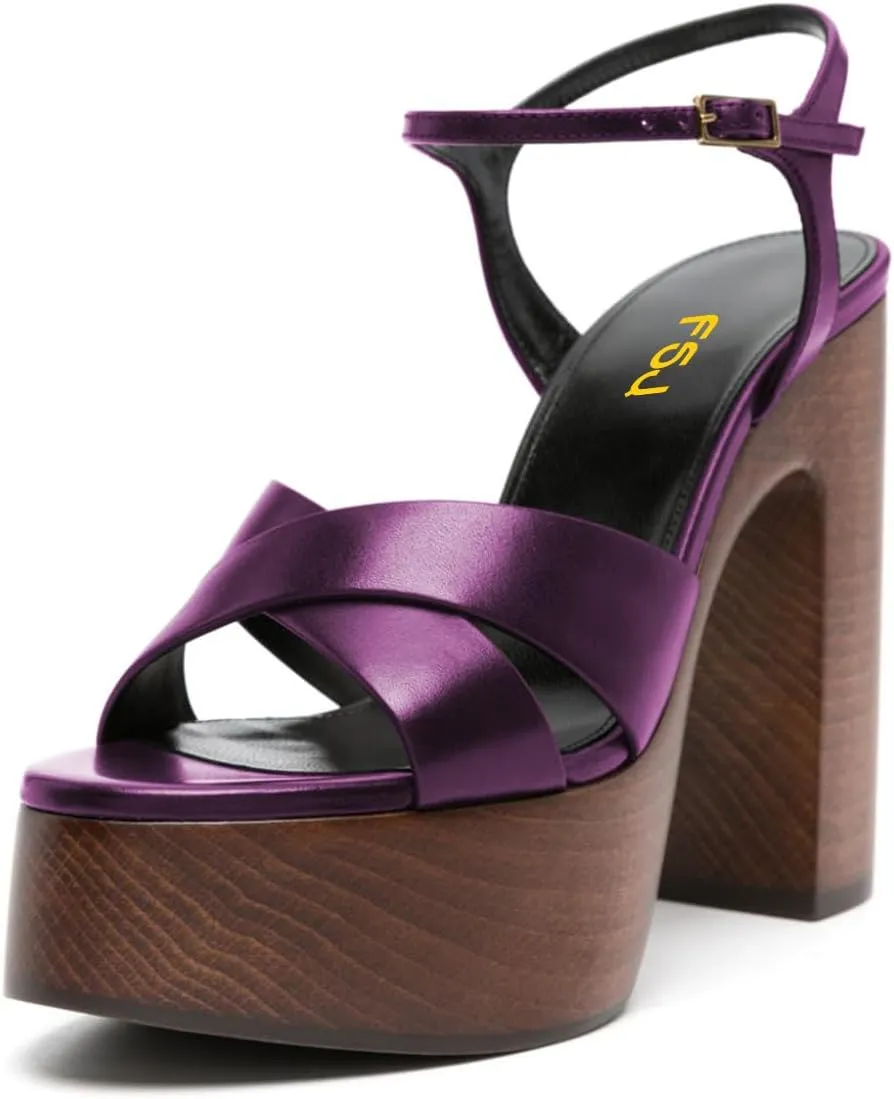 FSJ Women Chunky Block High Heel Platform Open Toe Sandals Ankle Strap Buckle Comfortable Wooden Heel Prom Party Brunch Dress Shoes Size 4-16 US