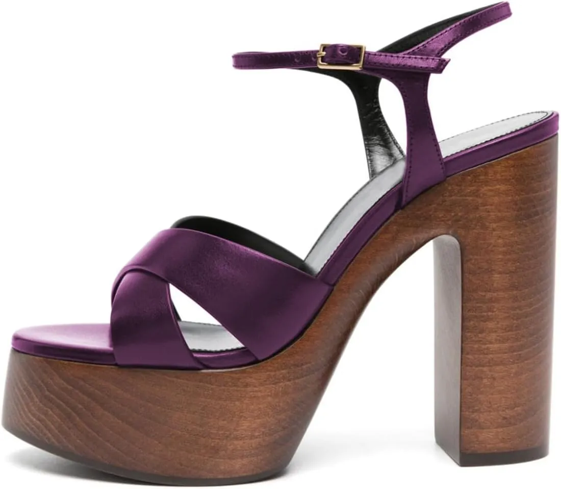 FSJ Women Chunky Block High Heel Platform Open Toe Sandals Ankle Strap Buckle Comfortable Wooden Heel Prom Party Brunch Dress Shoes Size 4-16 US