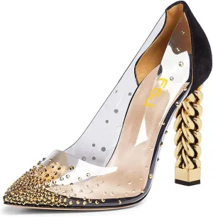 FSJ Women Golden Block High Heel Clear Pump Pointed Toe Slip On Fashion Dress Party Evening Ladies Shoes