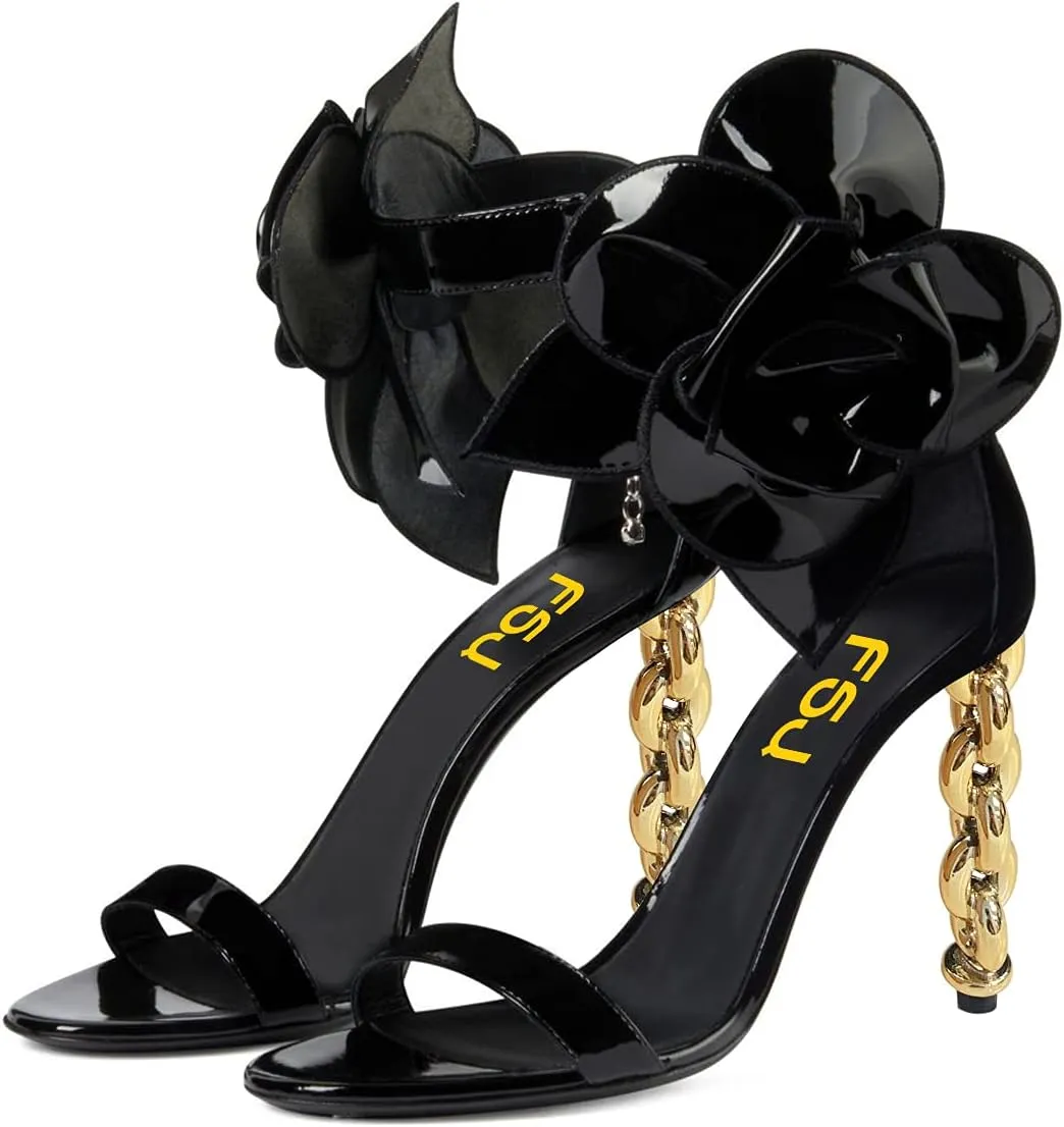 FSJ Women Open Toe Big Flower Gold Metal Chain High Heels Ankle Strap Pump Sandals Fashion Wedding Bride Shoes