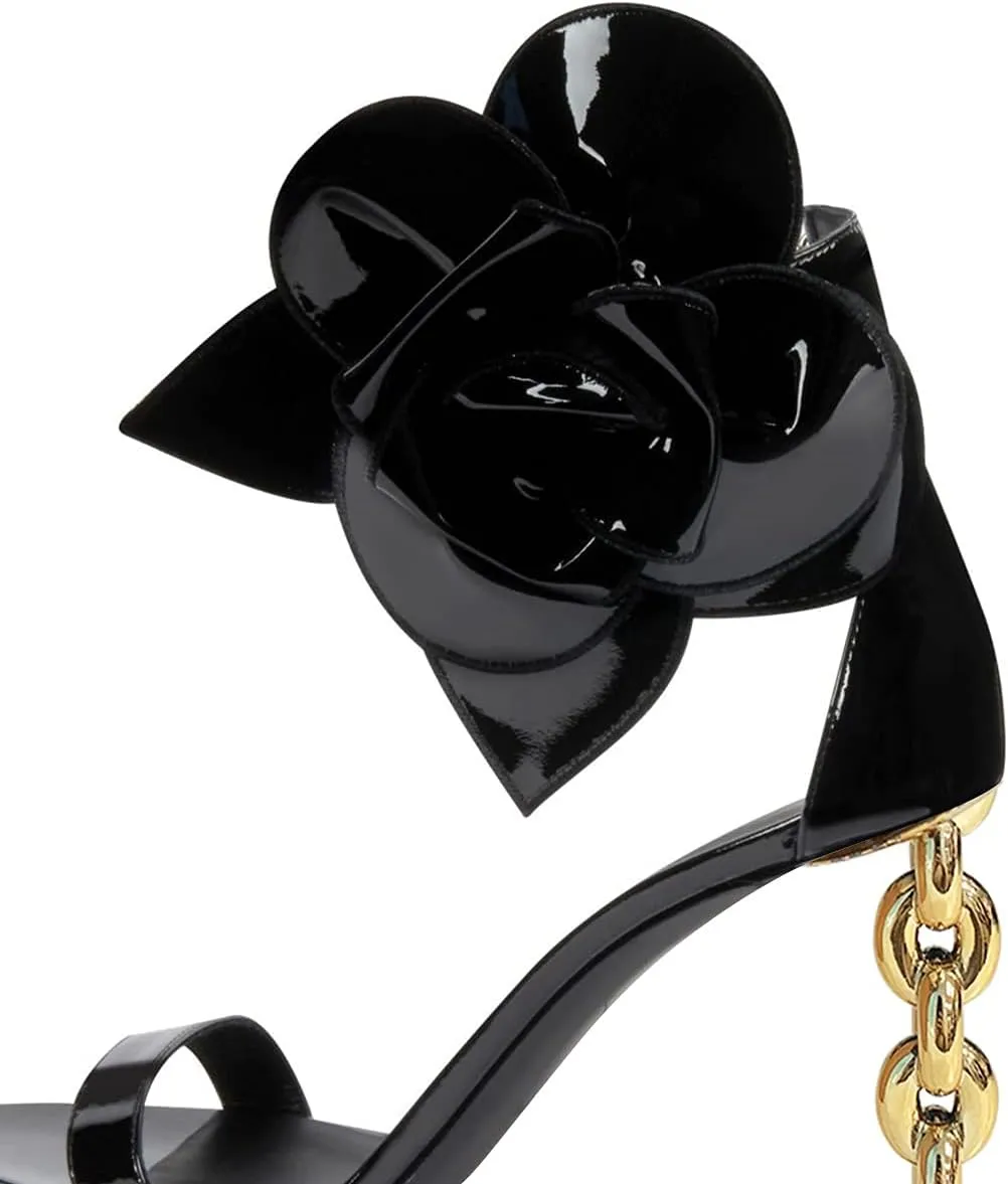 FSJ Women Open Toe Big Flower Gold Metal Chain High Heels Ankle Strap Pump Sandals Fashion Wedding Bride Shoes