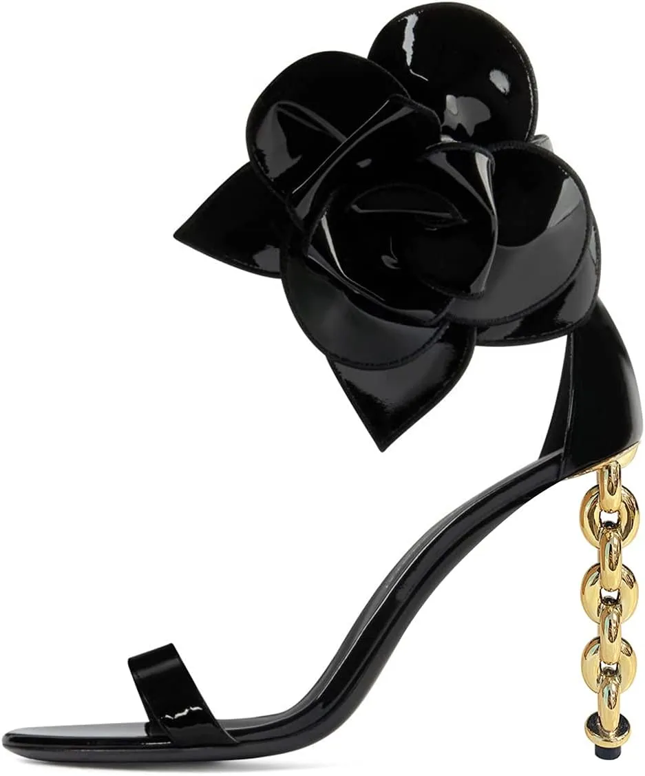FSJ Women Open Toe Big Flower Gold Metal Chain High Heels Ankle Strap Pump Sandals Fashion Wedding Bride Shoes