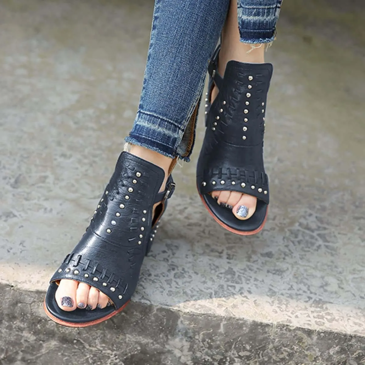 FSJ Women Peep Open Toe Boot Cut Out Buckle Ankle Bootie Comfortable Stacked Block Low Heeled Sandal Shoes Size 4-15 US