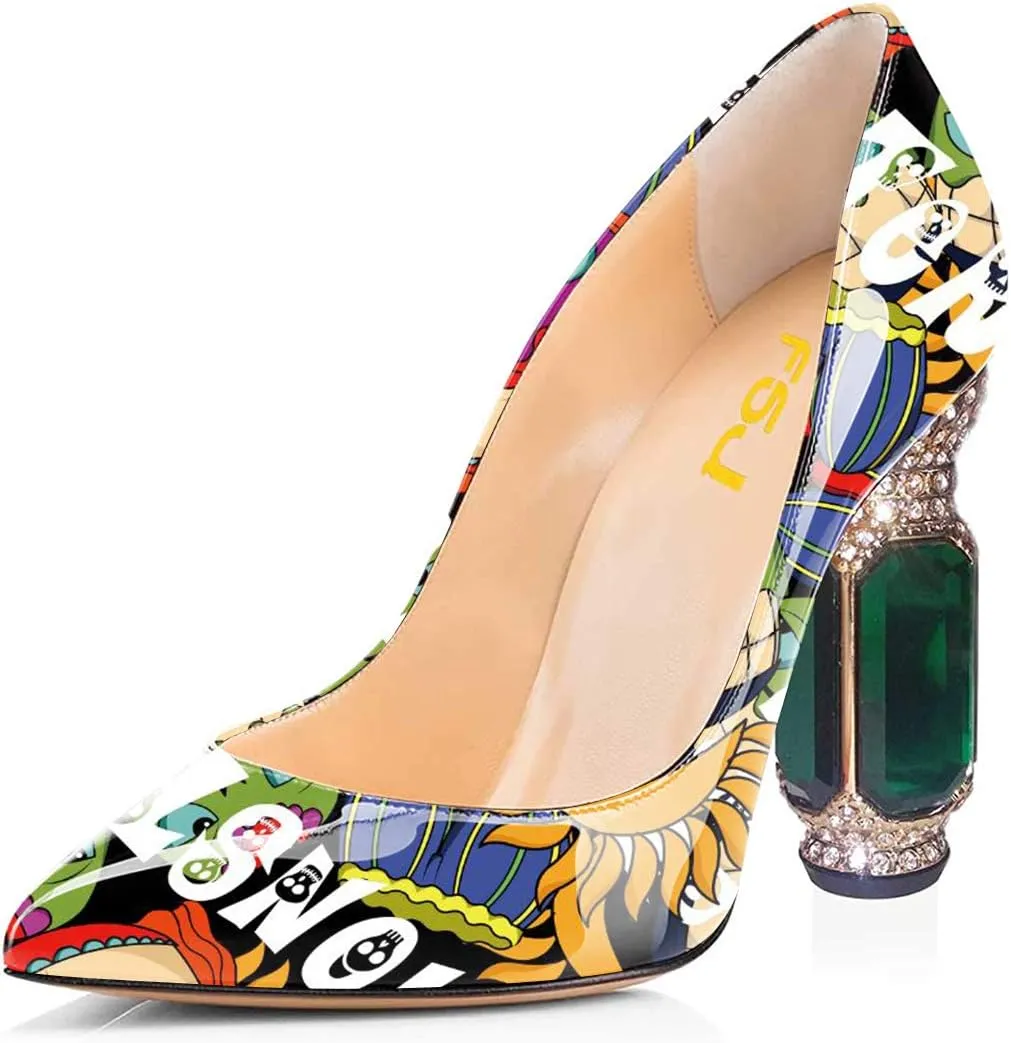 FSJ Women Printing Pump Chunky High Crystal Heels Pump Colorful Closed Pointed Toe Bridal Party Dress Shoe Size 4-15 US