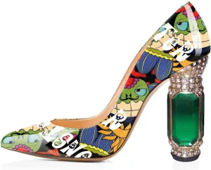 FSJ Women Printing Pump Chunky High Crystal Heels Pump Colorful Closed Pointed Toe Bridal Party Dress Shoe Size 4-15 US