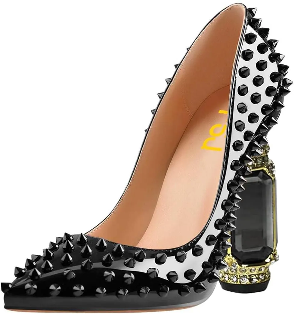 FSJ Women Sexy Studded Rivets Crystal Chunky High Heel Pumps Classic Closed Pointed Toe Slip On Basic Spikes Heel Ladies Party Wedding Shoes Size 4-16 US