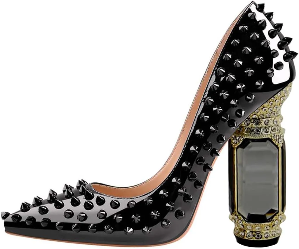 FSJ Women Sexy Studded Rivets Crystal Chunky High Heel Pumps Classic Closed Pointed Toe Slip On Basic Spikes Heel Ladies Party Wedding Shoes Size 4-16 US