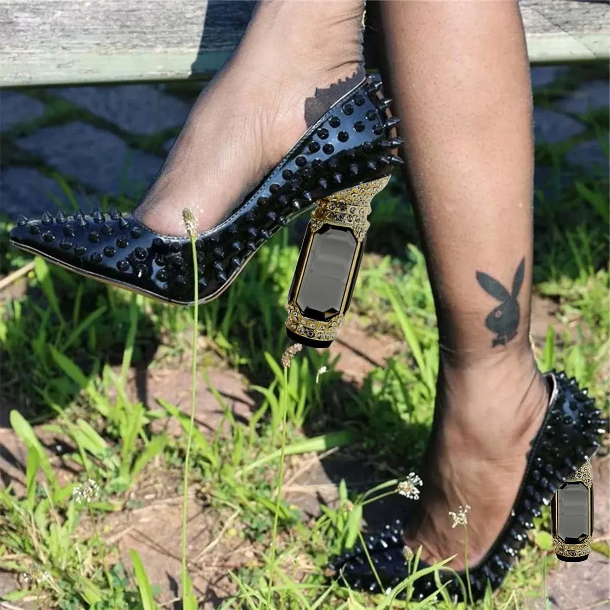 FSJ Women Sexy Studded Rivets Crystal Chunky High Heel Pumps Classic Closed Pointed Toe Slip On Basic Spikes Heel Ladies Party Wedding Shoes Size 4-16 US