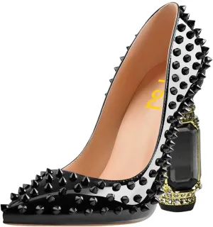 FSJ Women Sexy Studded Rivets Crystal Chunky High Heel Pumps Classic Closed Pointed Toe Slip On Basic Spikes Heel Ladies Party Wedding Shoes Size 4-16 US