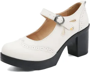 FYS Women Lovely Round Toe Pumps Ankle Strap Oxford Block Mid Heel Mary Janes Retro Daily Street Dress Shoes Size 4-16 US
