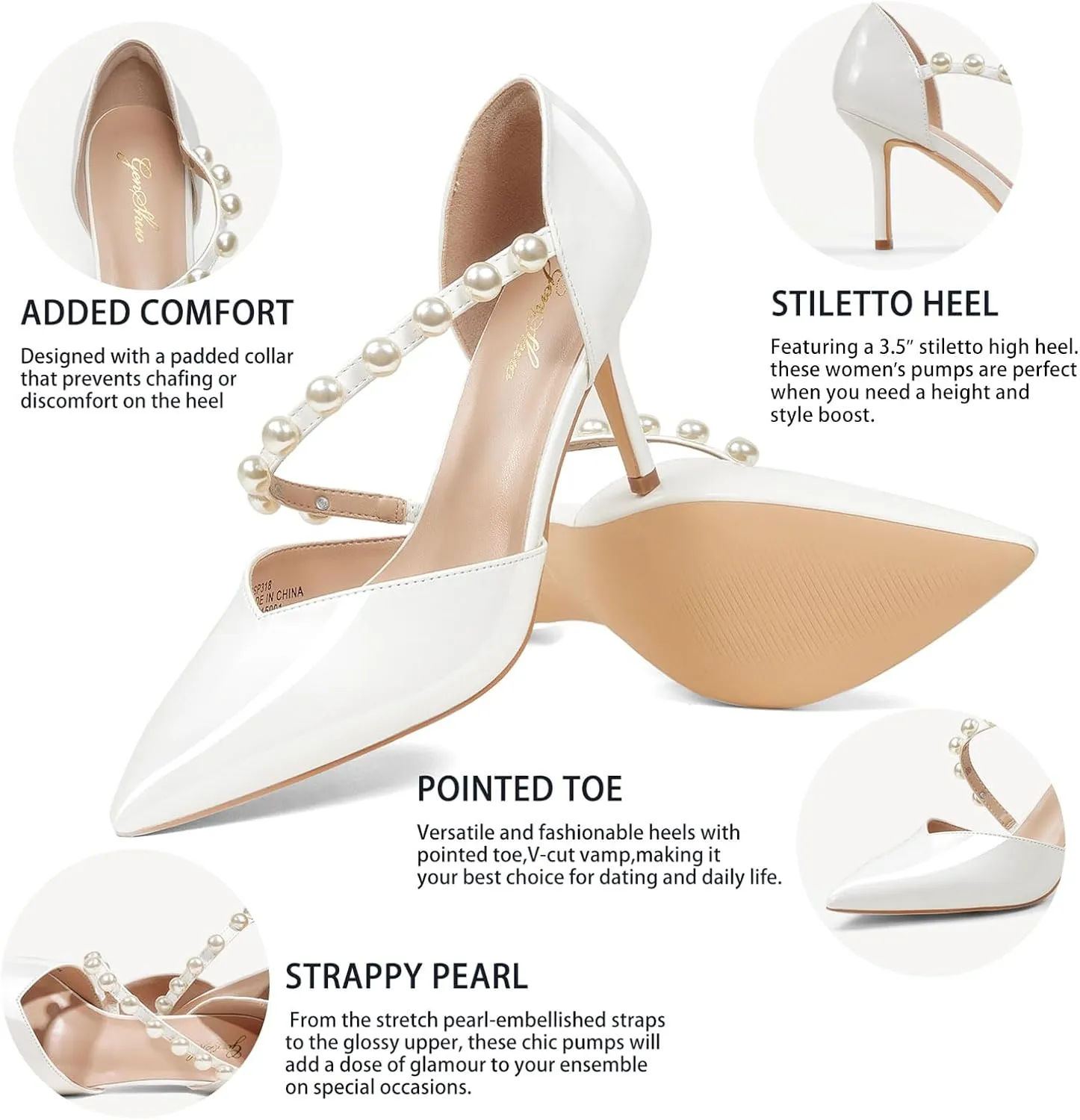 GENSHUO Women's 3.5 inches Closed Toe High Heels Stiletto Pointed Toe with Pearl Strappy Dress Wedding Party Pumps Shoes