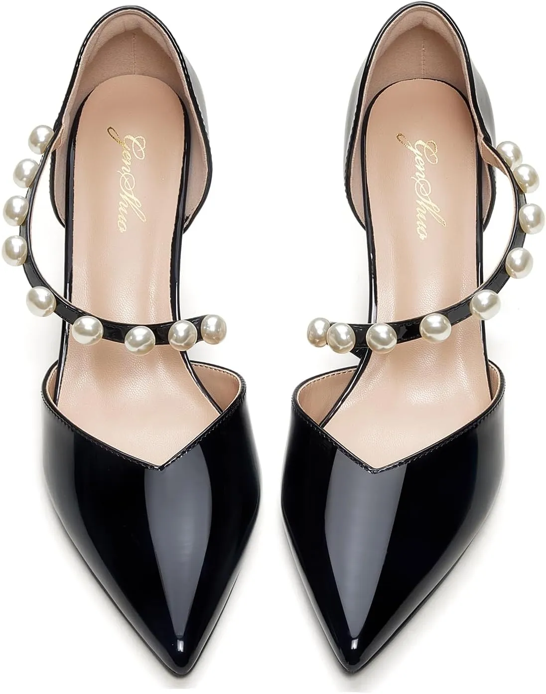GENSHUO Women's 3.5 inches Closed Toe High Heels Stiletto Pointed Toe with Pearl Strappy Dress Wedding Party Pumps Shoes