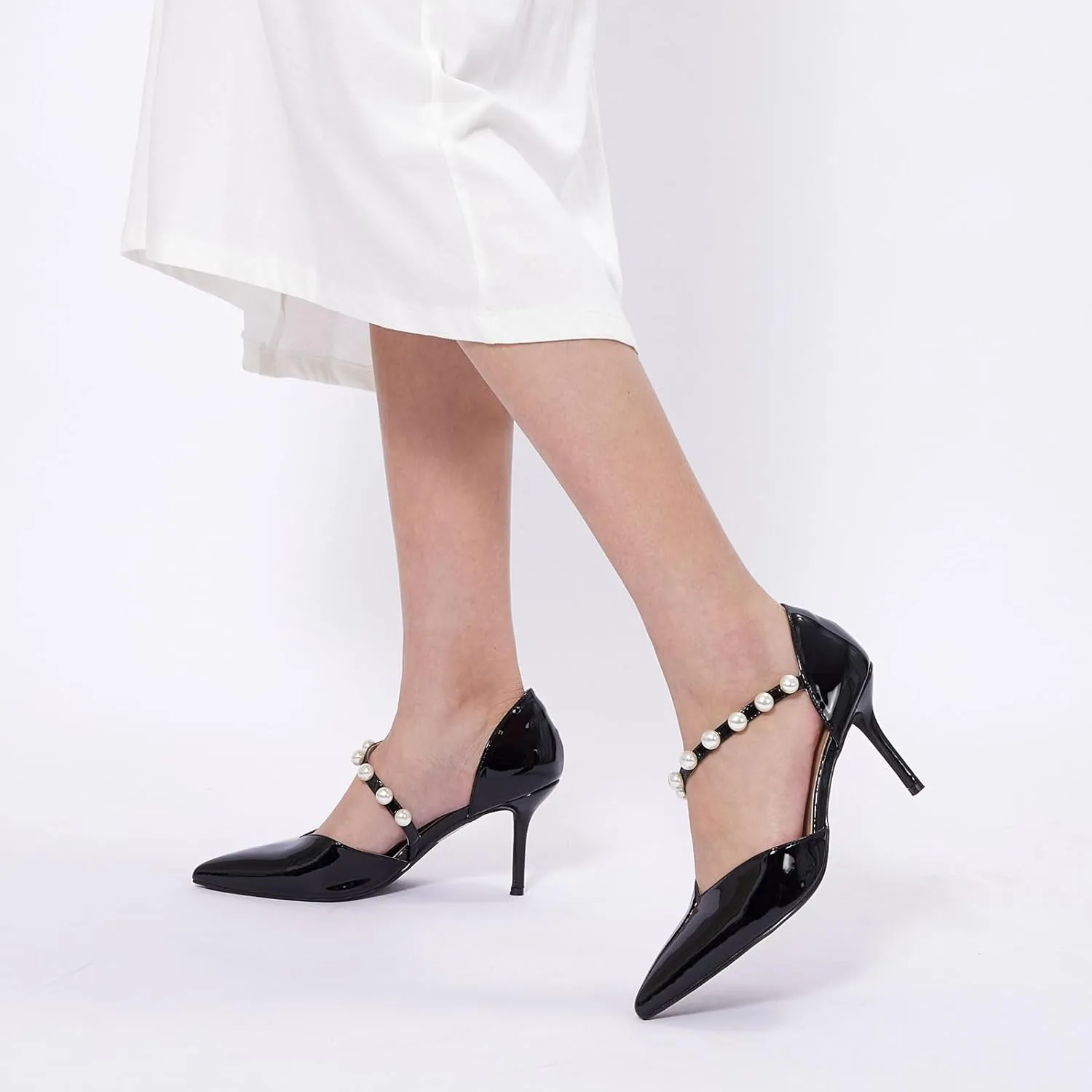 GENSHUO Women's 3.5 inches Closed Toe High Heels Stiletto Pointed Toe with Pearl Strappy Dress Wedding Party Pumps Shoes