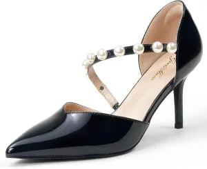 GENSHUO Women's 3.5 inches Closed Toe High Heels Stiletto Pointed Toe with Pearl Strappy Dress Wedding Party Pumps Shoes