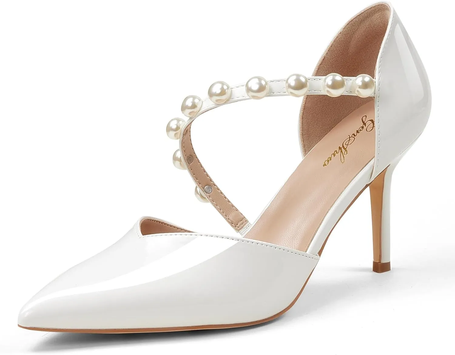 GENSHUO Women's 3.5 inches Closed Toe High Heels Stiletto Pointed Toe with Pearl Strappy Dress Wedding Party Pumps Shoes
