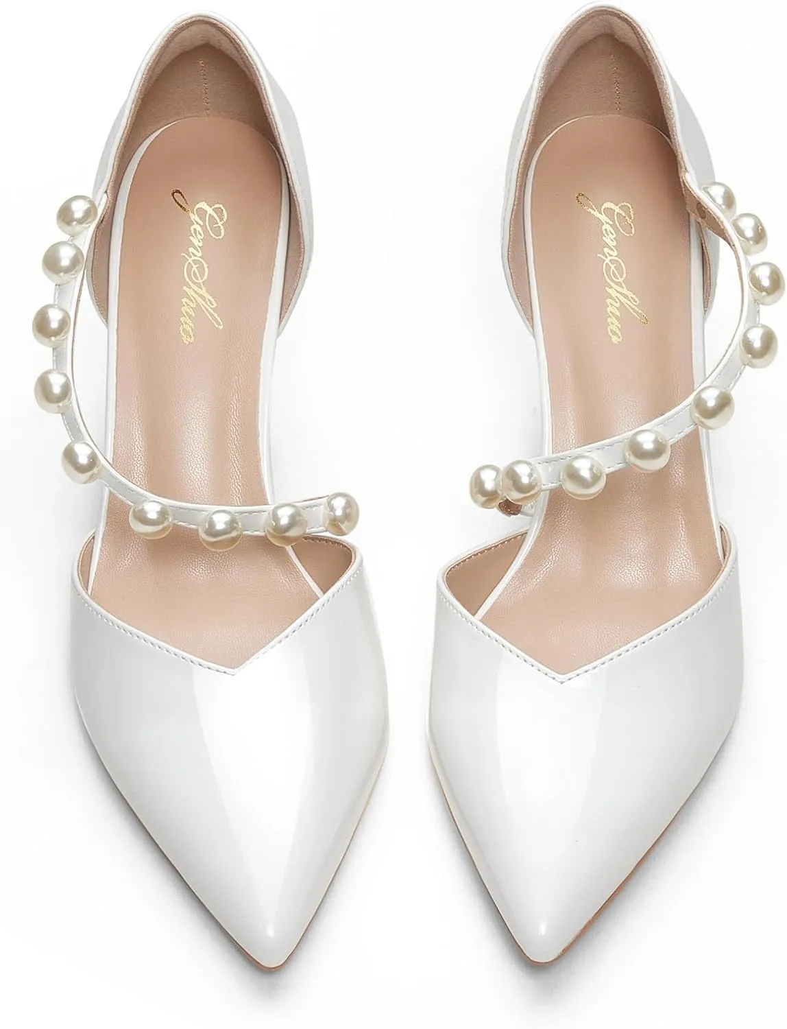 GENSHUO Women's 3.5 inches Closed Toe High Heels Stiletto Pointed Toe with Pearl Strappy Dress Wedding Party Pumps Shoes