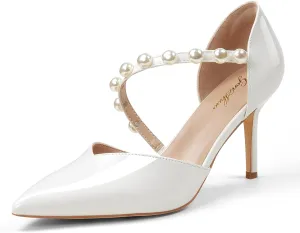 GENSHUO Women's 3.5 inches Closed Toe High Heels Stiletto Pointed Toe with Pearl Strappy Dress Wedding Party Pumps Shoes