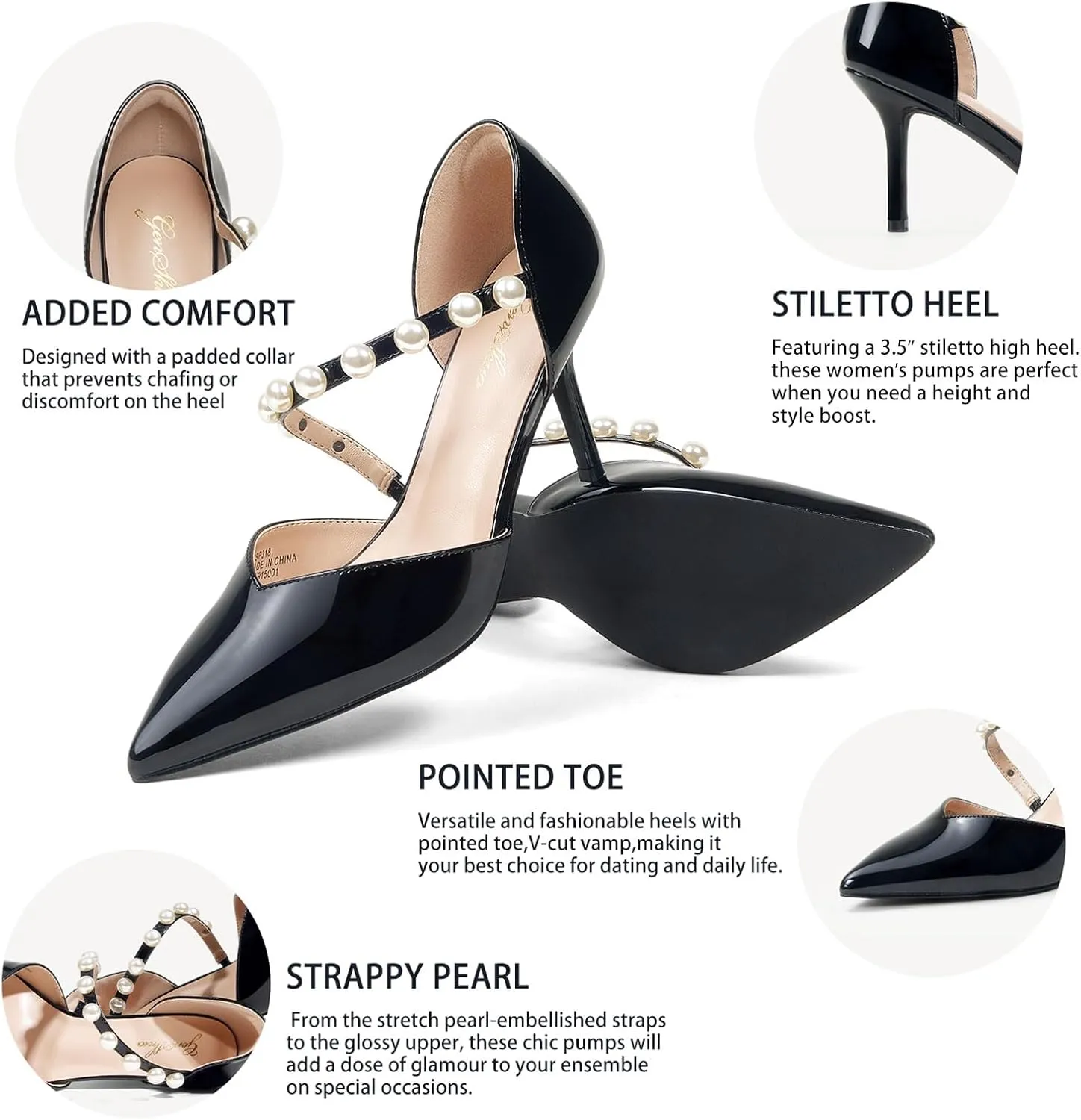 GENSHUO Women's 3.5 inches Closed Toe High Heels Stiletto Pointed Toe with Pearl Strappy Dress Wedding Party Pumps Shoes