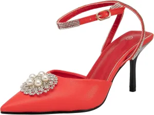 getmorebeauty Women's Stiletto High Heels Slingback Pumps Pearls Sandals Pointed Toe Ankle Strap Wedding Bridal Shoes