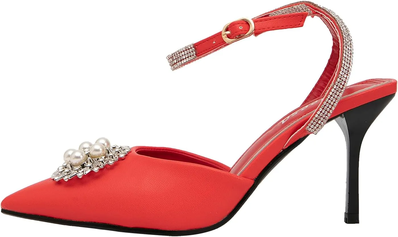 getmorebeauty Women's Stiletto High Heels Slingback Pumps Pearls Sandals Pointed Toe Ankle Strap Wedding Bridal Shoes
