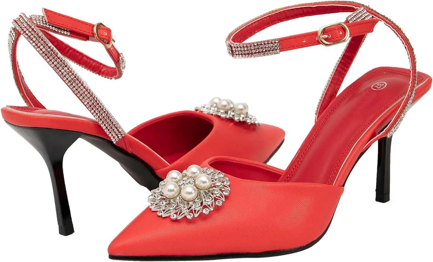getmorebeauty Women's Stiletto High Heels Slingback Pumps Pearls Sandals Pointed Toe Ankle Strap Wedding Bridal Shoes