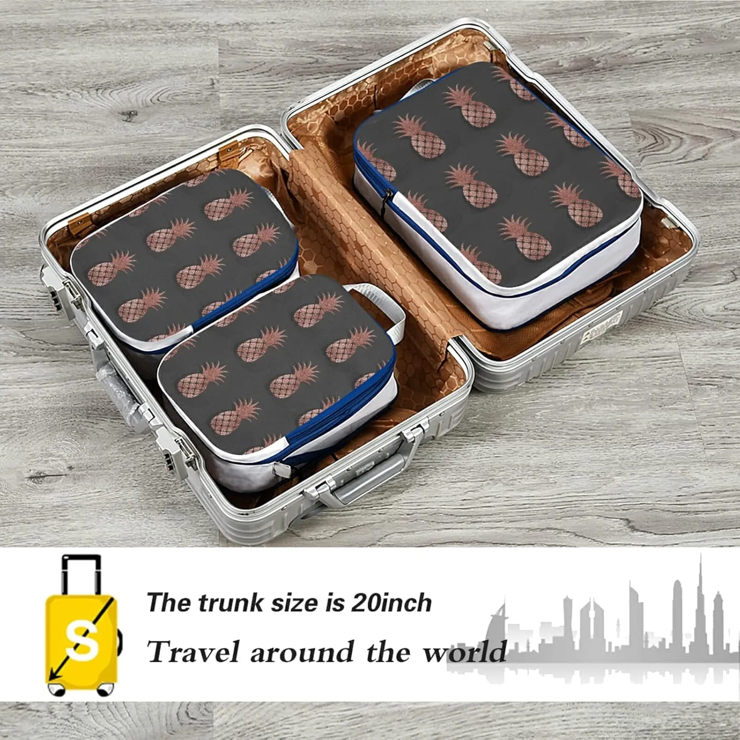 Gold Glittering Rose Pineapple Glossy Exotic Fruit on Dark Brown 3 Piece set Cubes Expandable Adjustable Luggage Packing Bags, Ultralight Organizer Accessories Travel Suitcase Compressible Bags
