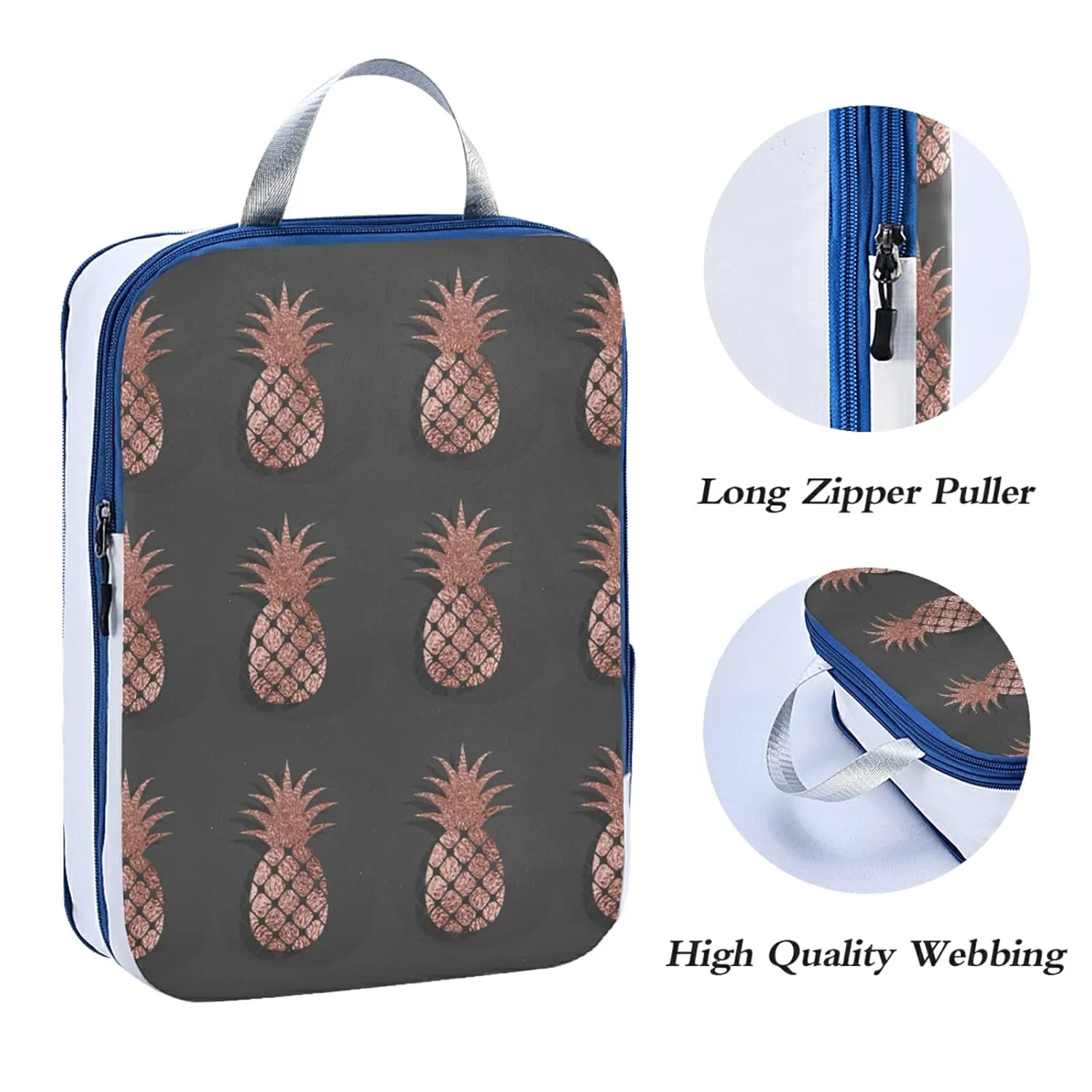 Gold Glittering Rose Pineapple Glossy Exotic Fruit on Dark Brown 3 Piece set Cubes Expandable Adjustable Luggage Packing Bags, Ultralight Organizer Accessories Travel Suitcase Compressible Bags