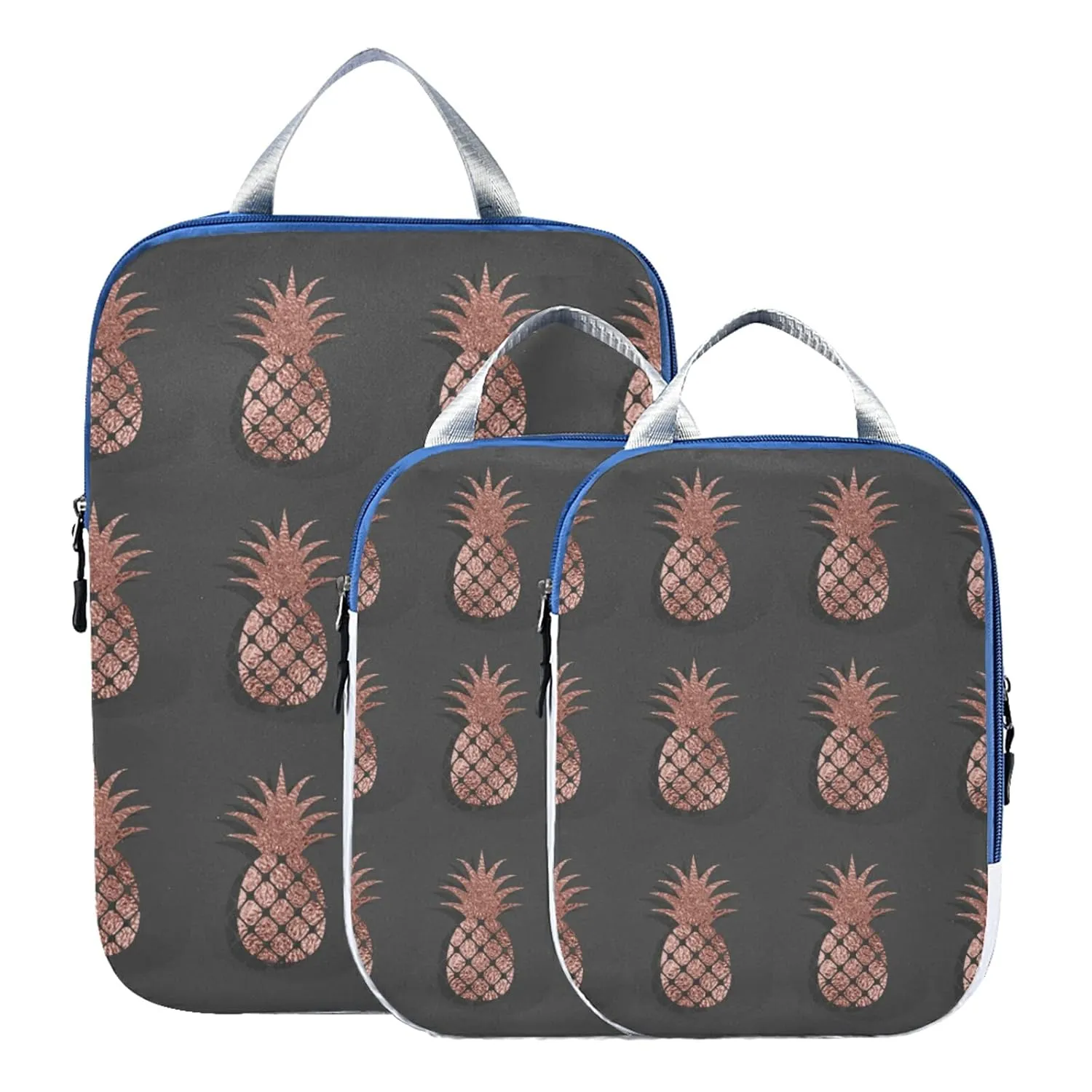 Gold Glittering Rose Pineapple Glossy Exotic Fruit on Dark Brown 3 Piece set Cubes Expandable Adjustable Luggage Packing Bags, Ultralight Organizer Accessories Travel Suitcase Compressible Bags