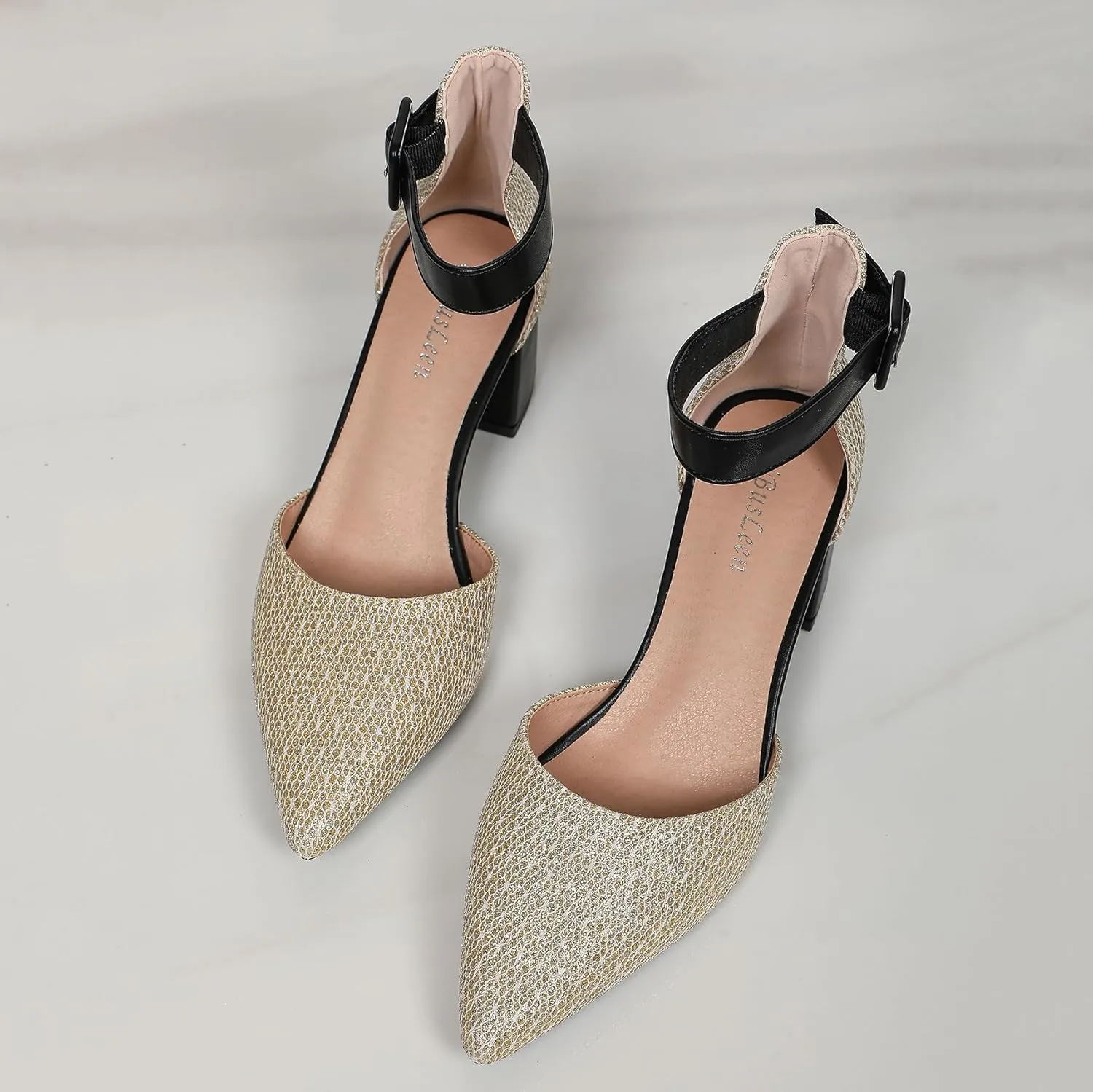 Gold Silver Dress Block Heels for Women Glitter Wedding Shoes for Bride Womens Two Tone Party Dressy Ankle Strap Pumps Closed Pointed Toe Low Thick Sandal Heels