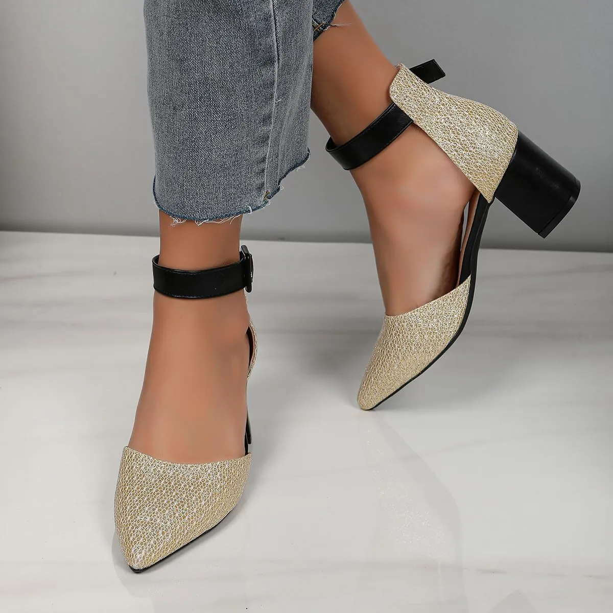 Gold Silver Dress Block Heels for Women Glitter Wedding Shoes for Bride Womens Two Tone Party Dressy Ankle Strap Pumps Closed Pointed Toe Low Thick Sandal Heels