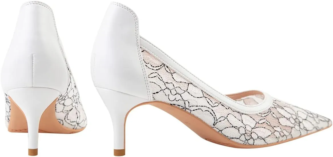 Hee grand Women Mid Heels Pointed Toe Pump Small Heels Office Shoes for Work Sexy Mesh Lace Wedding Party Dress Shoes