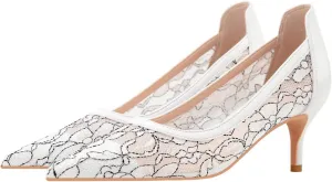 Hee grand Women Mid Heels Pointed Toe Pump Small Heels Office Shoes for Work Sexy Mesh Lace Wedding Party Dress Shoes