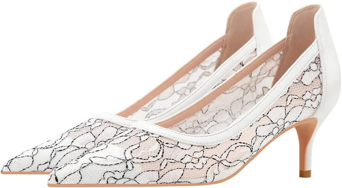 Hee grand Women Mid Heels Pointed Toe Pump Small Heels Office Shoes for Work Sexy Mesh Lace Wedding Party Dress Shoes