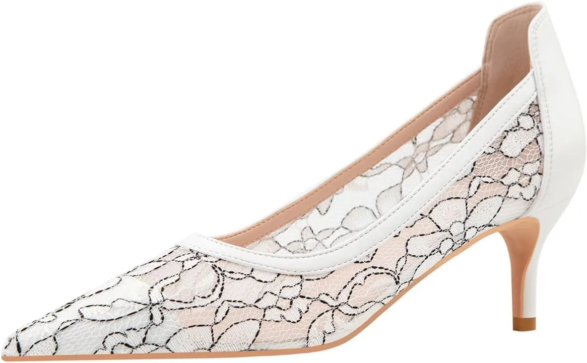 Hee grand Women Mid Heels Pointed Toe Pump Small Heels Office Shoes for Work Sexy Mesh Lace Wedding Party Dress Shoes