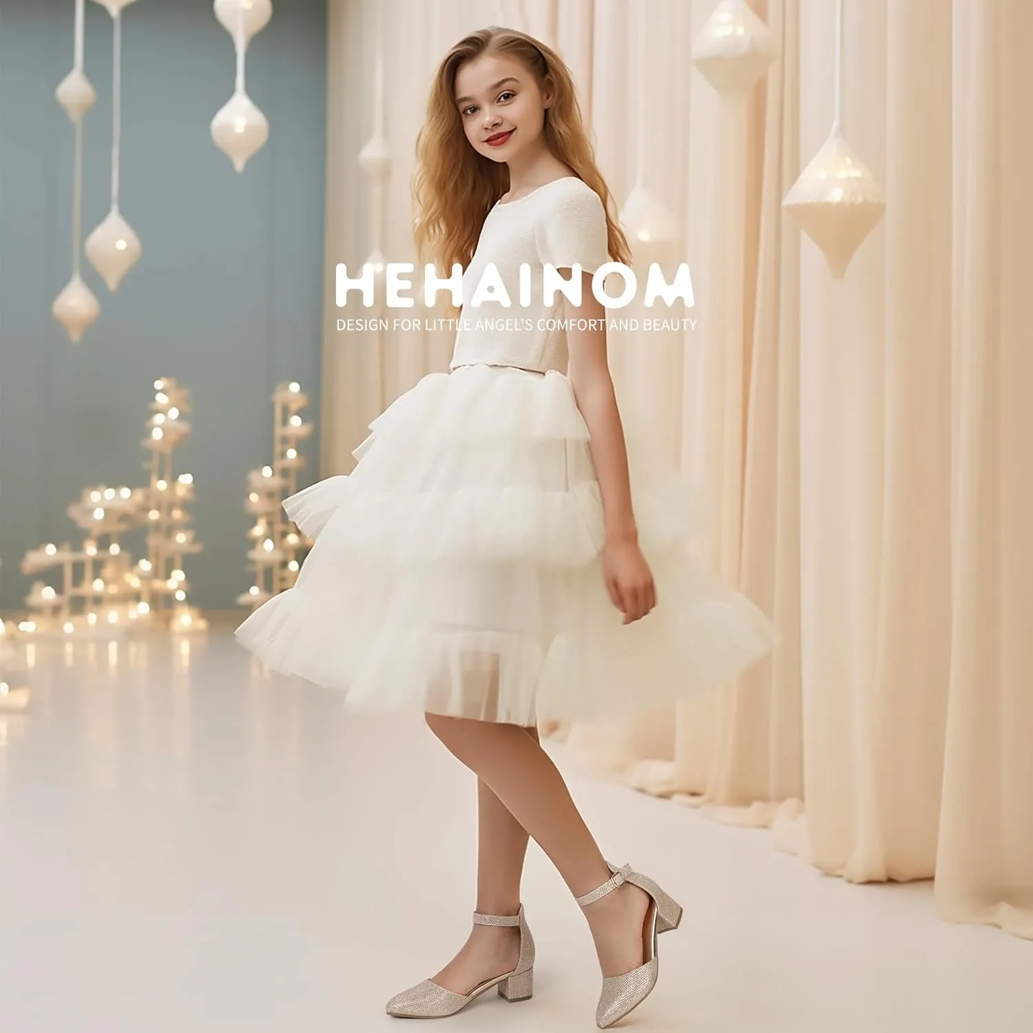 Hehainom Girls Dress Shoes High Heels Sandals Ankle Strap Flower Girl Little Big Kid Mary Jane Wedding Party Communion Mily Pump Shoes