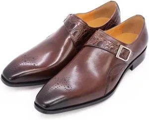 HOOENG Dress Oxford for Men Slip on Monk Strap Breathable Square Toe Cowhide Block Heel Non Slip Tolerant Rubber Sole Low Top Superficial (Color : Brown, Size : 8)