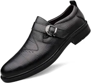 HOOENG Oxford Shoes for Men Slip On Round Toe Monk Strap Cowhide Slip Resistant Block Heel Non Slip Low Top Walking (Color : Black Plaid, Size : 11)