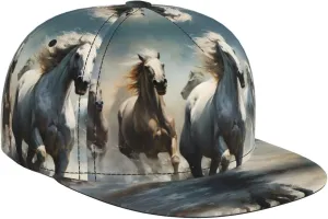 Horses Running Wild in The River Outdoor Sports Baseball Cap, Daily Sports Adjustable Fashionable Flat Brim hat, Unisex Four-Season Outdoor Sports Cap, Black