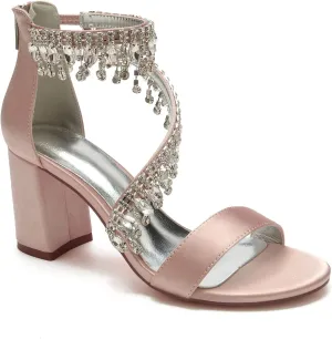 Hyinlays Women's Chunky Block Heels Crystal High Heel Pump Sandals Ankle Strap Wedding Shoes Prom Evening Pumps